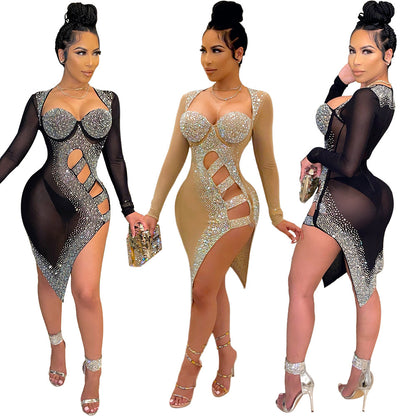 S390167 Cross-Border Women's Hollow Sexy Mesh Hot Diamond Long-Sleeved Dress Fashionable One-Step Skirt for Women
