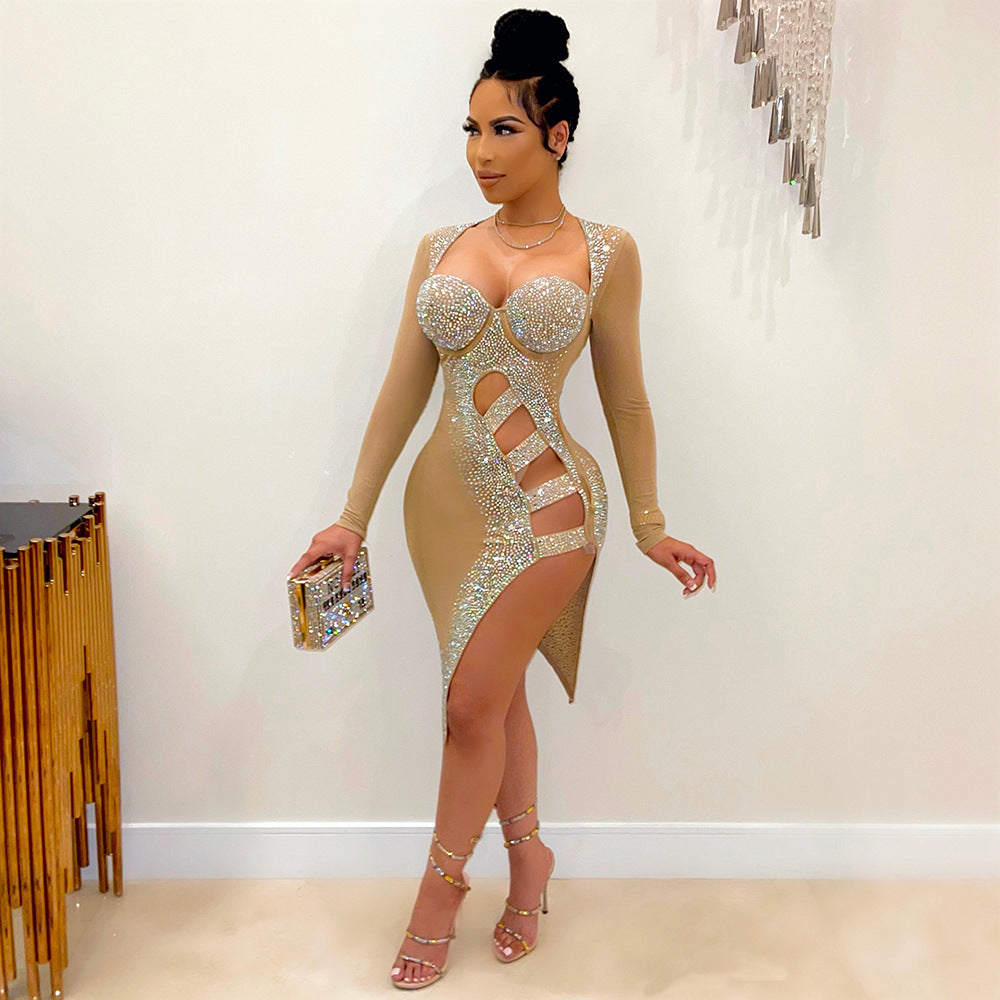 S390167 Cross-Border Women's Hollow Sexy Mesh Hot Diamond Long-Sleeved Dress Fashionable One-Step Skirt for Women