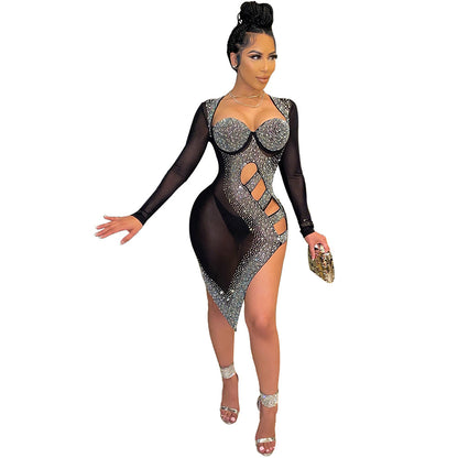 S390167 Cross-Border Women's Hollow Sexy Mesh Hot Diamond Long-Sleeved Dress Fashionable One-Step Skirt for Women