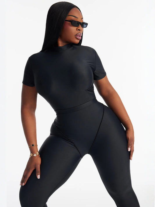 European and American New Cross-Border Fashion Ins Slim Sexy Yoga Sports Short-Sleeved Tops T-Shirt Pants Stretch Suit for Women