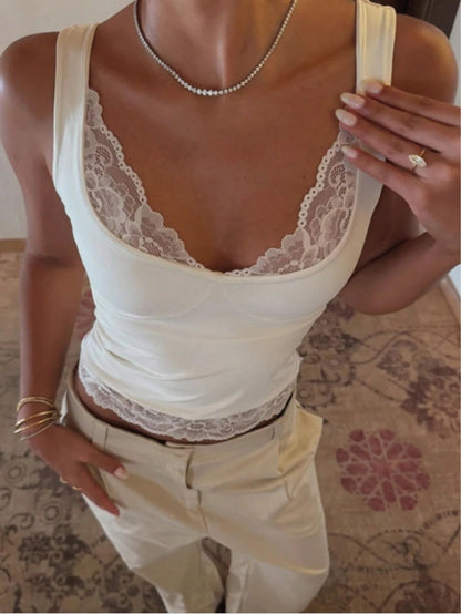 New Insvcollar Solid Color Hot Slim Fit Sexy Versatile Trendy Lace Stitching Design Vest Top Women's Clothing