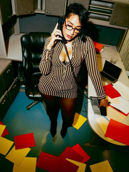 European and American New Cross-Border Fashion Ins Retro Trendy Color-Block Striped Long-Sleeve Lapel Top and Hip-Hugging Short Skirt Set