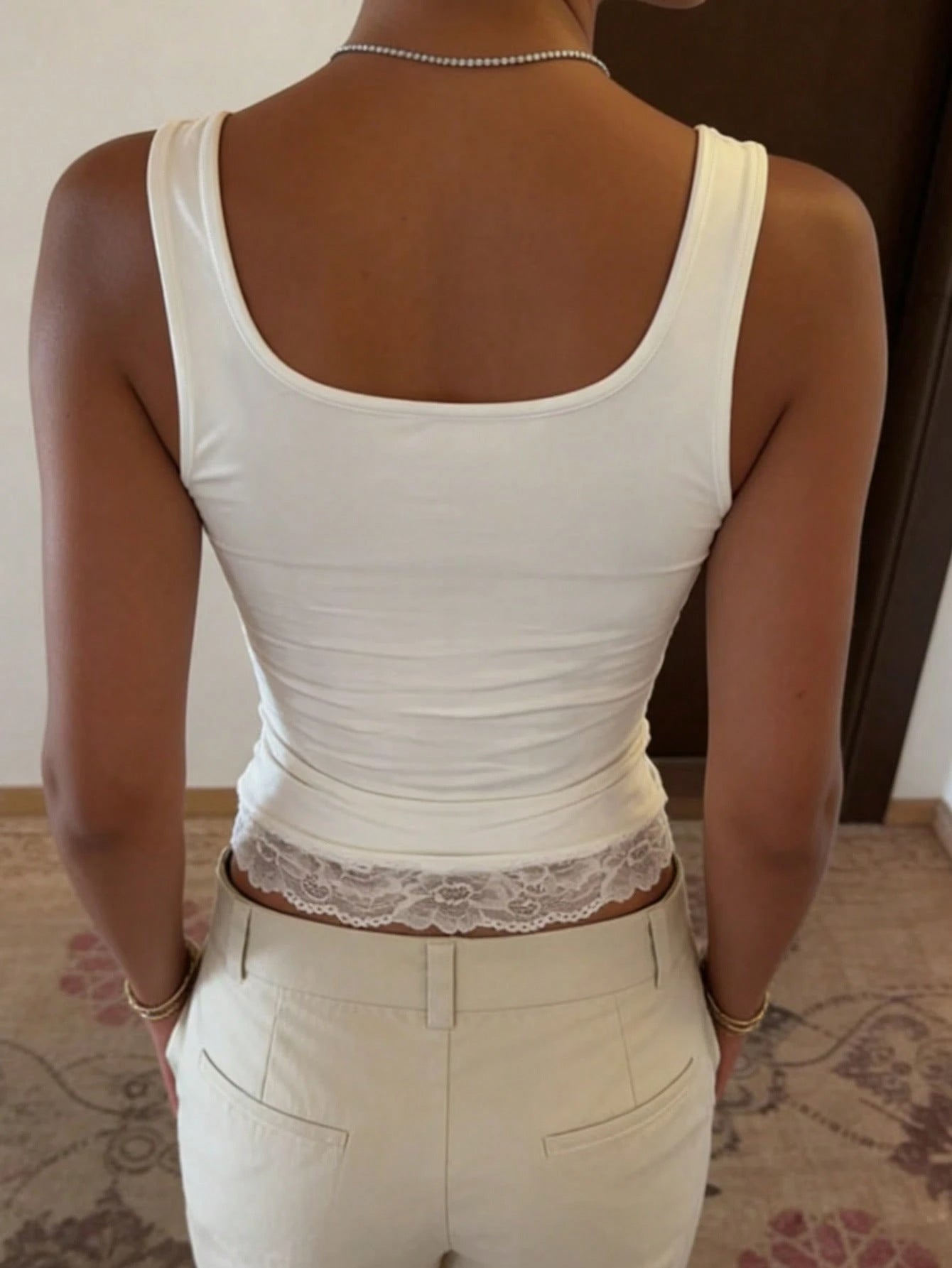 New Insvcollar Solid Color Hot Slim Fit Sexy Versatile Trendy Lace Stitching Design Vest Top Women's Clothing