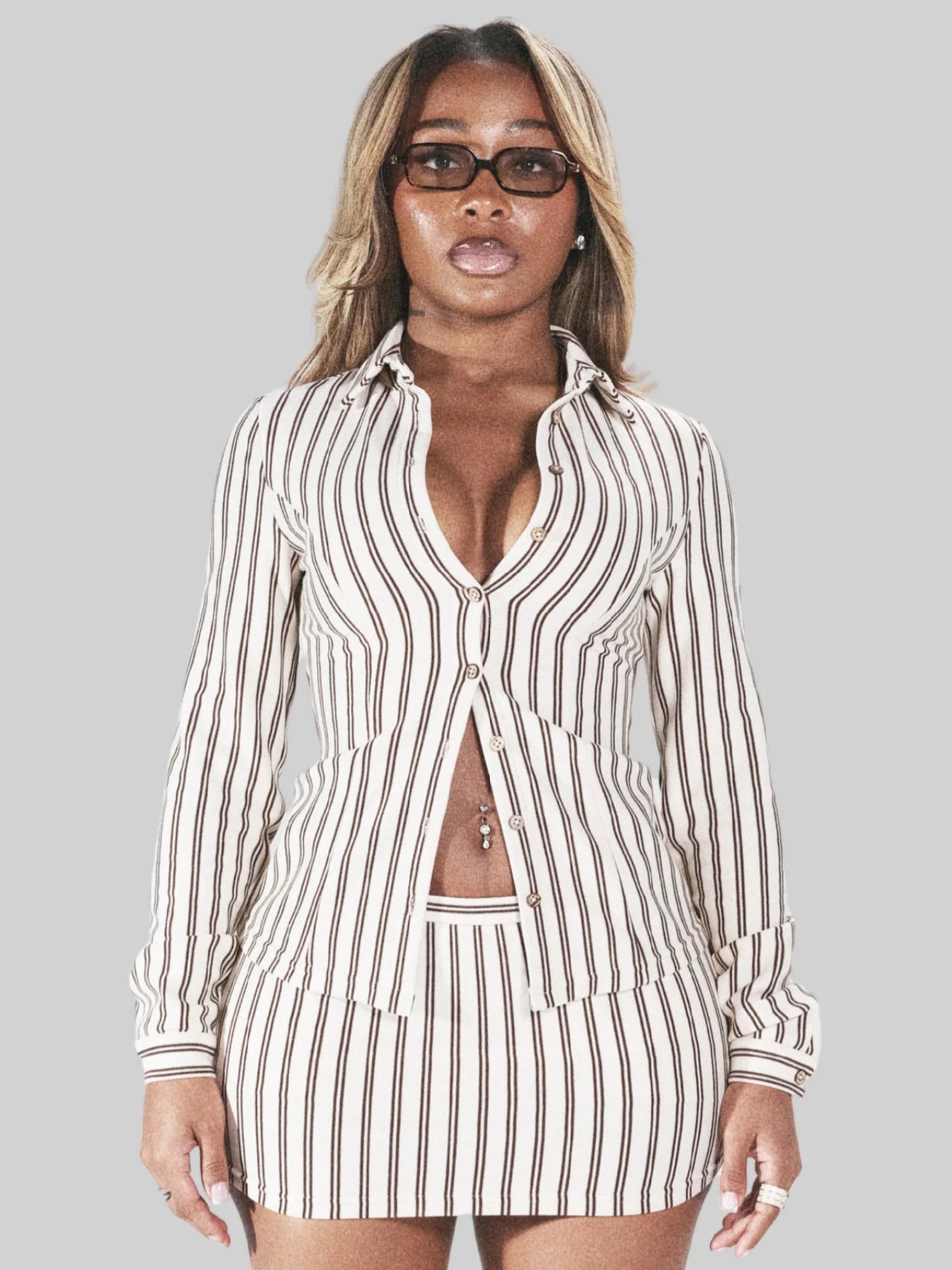 European and American New Cross-Border Fashion Ins Retro Trendy Color-Block Striped Long-Sleeve Lapel Top and Hip-Hugging Short Skirt Set