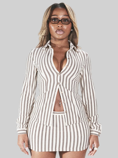 European and American New Cross-Border Fashion Ins Retro Trendy Color-Block Striped Long-Sleeve Lapel Top and Hip-Hugging Short Skirt Set