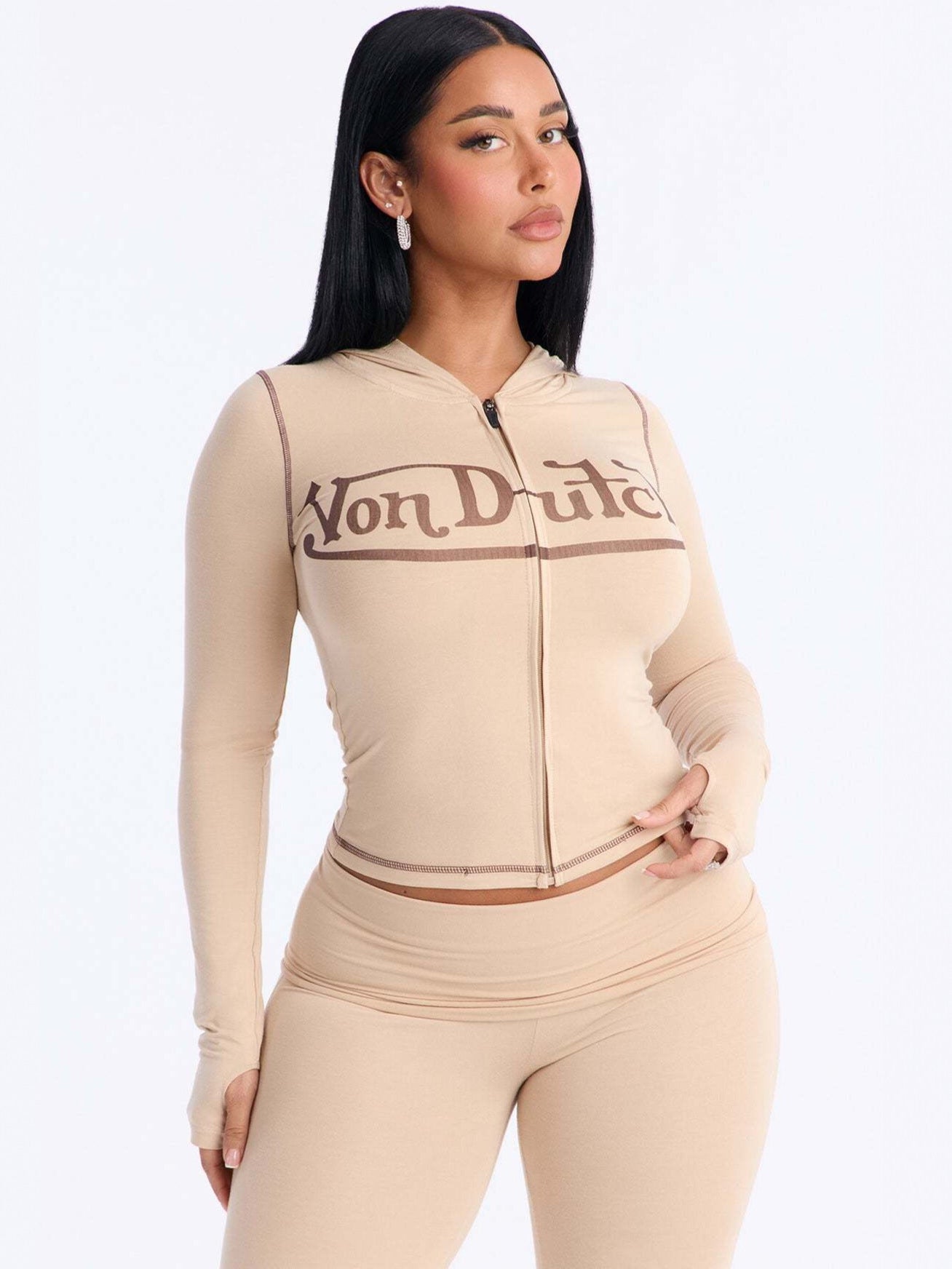 European and American New Ins Foreign Trade Solid Color Letter Printing Stretch Sports Style Zipper Hooded Jacket Trousers Suit for Women