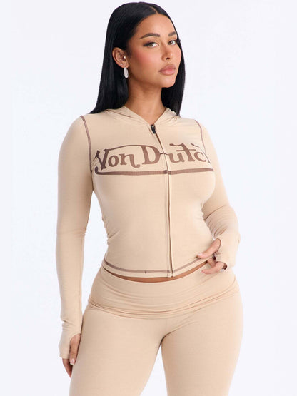 European and American New Ins Foreign Trade Solid Color Letter Printing Stretch Sports Style Zipper Hooded Jacket Trousers Suit for Women
