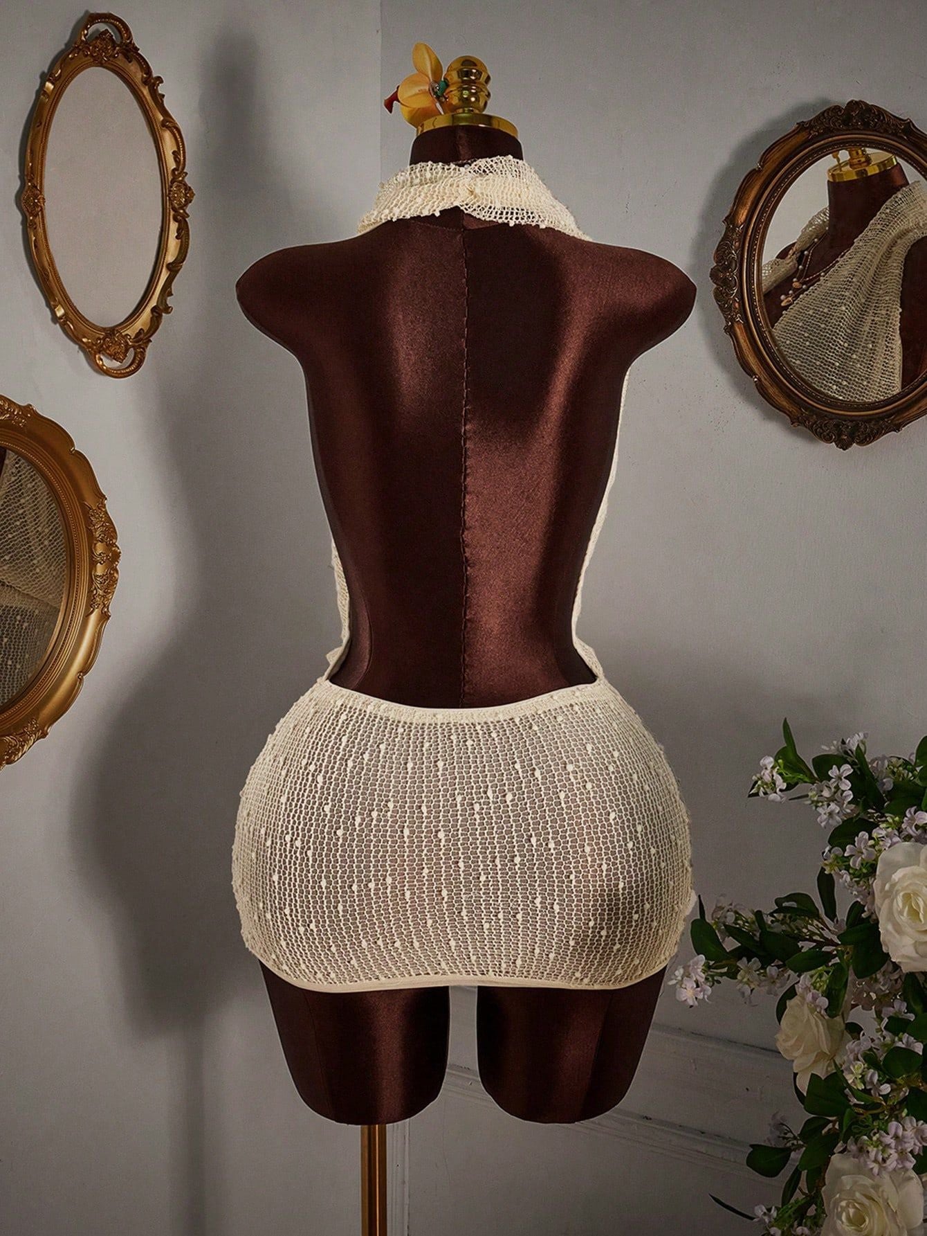 European and American New Cross-Border Women's Clothing Sexy Hot Girl Knitted Halter Neck Pile Collar Backless Sleeveless Woolen Dress Short Skirt for Women