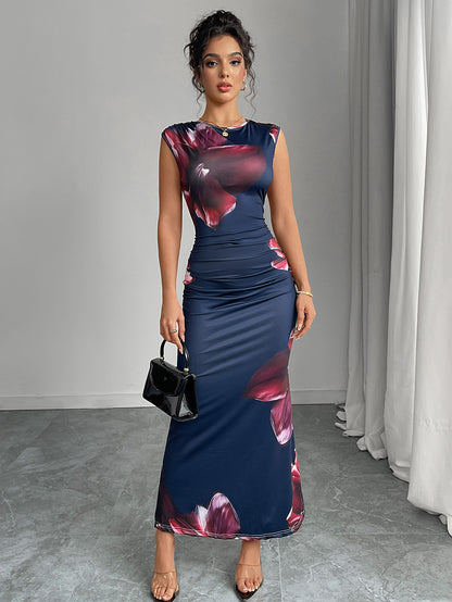 Ruihu 2025 Cross-Border Export European and American Slim Printed Dress Sleeveless One-Step Skirt Dress Hip-Covering Long Skirt Women's Clothing