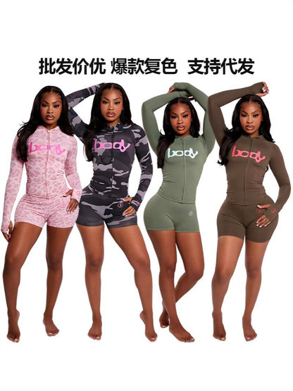 New Ins Trendy Printed Sports Style Elastic Zipper Hooded Jacket Top Shorts Suit Two-Piece Women's Clothing