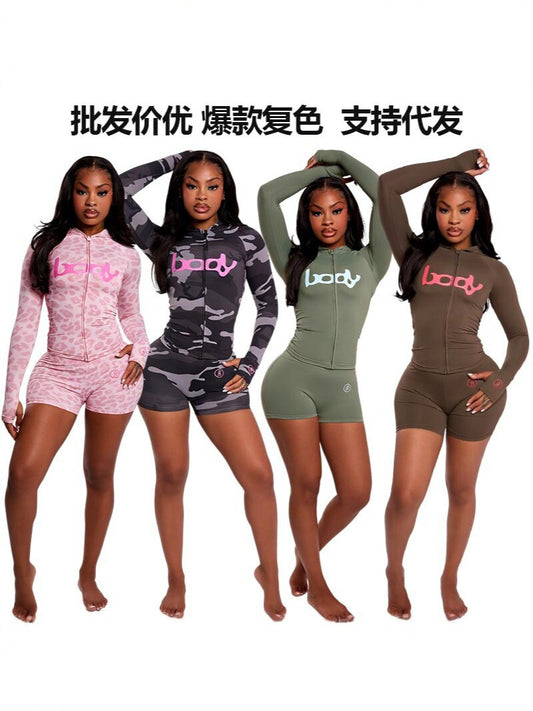 New Ins Trendy Printed Sports Style Elastic Zipper Hooded Jacket Top Shorts Suit Two-Piece Women's Clothing