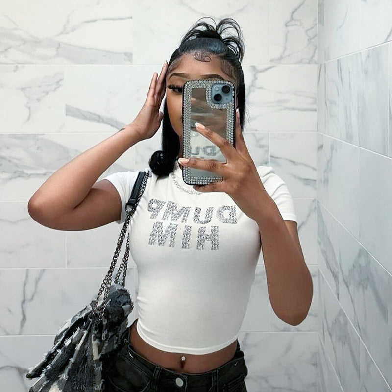 E24TP041 European and American Style Women's Summer New Street Wear Round Neck Short Sleeve Letter Printed Short T-Shirt Top