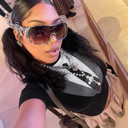 K23TP445 European and American Women's 2023 Autumn New Fashion Suit Tie Printed Tight Short Sleeve T-Shirt Top