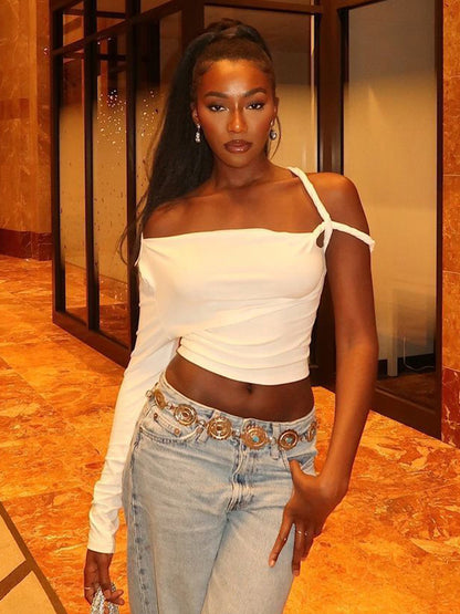 Letter H24TP239 Europe and the United States cross-border women's clothing 2024 autumn new fashion trend off-shoulder sexy hot girl top
