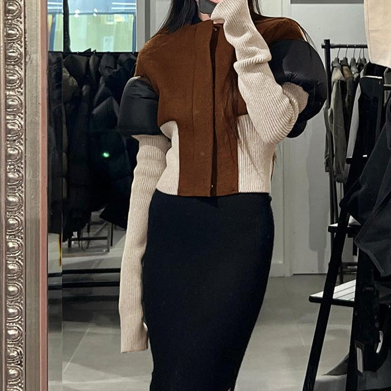 M23TP672 European and American Women's Winter New Vertical Collar Zipper Cardigan Rib Contrast Color Stitching Long Sleeve Padded Cotton Jacket