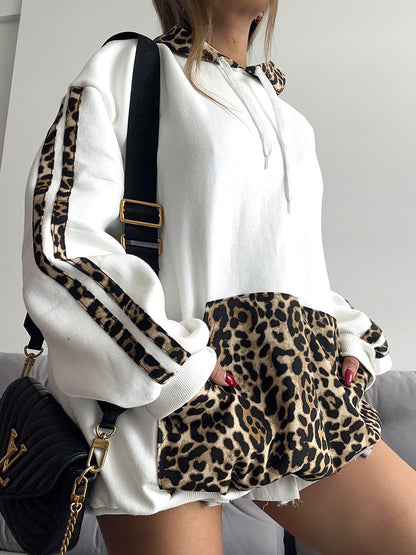 Letter F24TP161 European and American Women's Wear Autumn and Winter New Leopard Print Stitching Drawstring Pocket Loose Casual Hooded Sweat