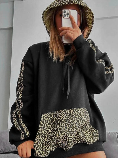 Letter F24TP161 European and American Women's Wear Autumn and Winter New Leopard Print Stitching Drawstring Pocket Loose Casual Hooded Sweat