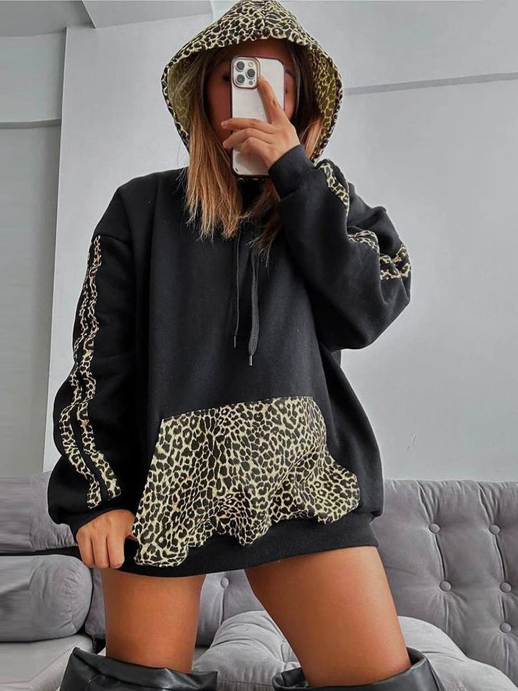 Letter F24TP161 European and American Women's Wear Autumn and Winter New Leopard Print Stitching Drawstring Pocket Loose Casual Hooded Sweat
