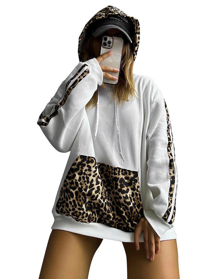 Letter F24TP161 European and American Women's Wear Autumn and Winter New Leopard Print Stitching Drawstring Pocket Loose Casual Hooded Sweat