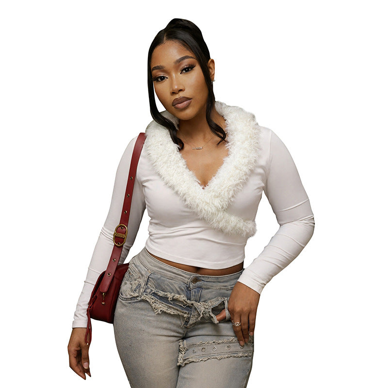J25Tp402 European and American Style Cross-Border Women's Autumn and Winter Deep V Fur Collar Pure Color Pullover Navel-Baring Long-Sleeved Slim Top