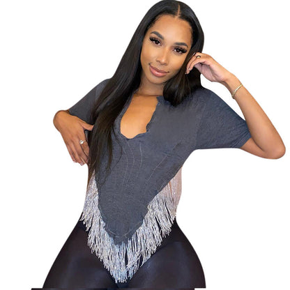 K22TP128 European and American Fashion Women's 2022 Spring New Solid Color V-neck Short Sleeve Sexy Slim Tassel Top