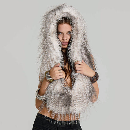 Y25Tp242 European and American Cross-Border Women's Autumn and Winter Halterneck Hooded Deep V Neck Furry Tassel Adjustable Waist Top T-Shirt