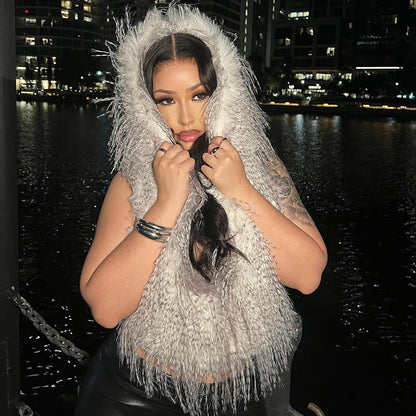 Y25Tp242 European and American Cross-Border Women's Autumn and Winter Halterneck Hooded Deep V Neck Furry Tassel Adjustable Waist Top T-Shirt