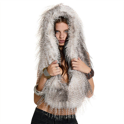 Y25Tp242 European and American Cross-Border Women's Autumn and Winter Halterneck Hooded Deep V Neck Furry Tassel Adjustable Waist Top T-Shirt