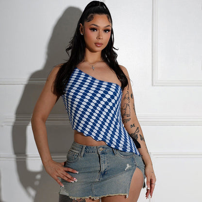 J25TP007 Europe and the United States cross-border women's spring and summer diagonal off-shoulder pullover irregular small curling short T-shirt top
