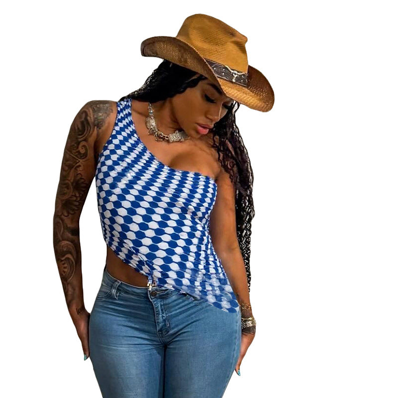 J25TP007 Europe and the United States cross-border women's spring and summer diagonal off-shoulder pullover irregular small curling short T-shirt top