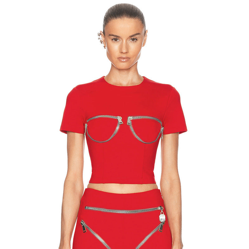 K25TP019 European and American Cross-border Women's Spring and Summer Round Neck Pullover Fake Zipper Design Slim-Fit Short Exp Waist Top T-shirt