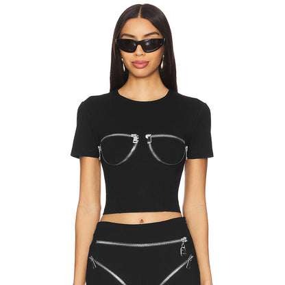 K25TP019 European and American Cross-border Women's Spring and Summer Round Neck Pullover Fake Zipper Design Slim-Fit Short Exp Waist Top T-shirt