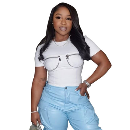 K25TP019 European and American Cross-border Women's Spring and Summer Round Neck Pullover Fake Zipper Design Slim-Fit Short Exp Waist Top T-shirt