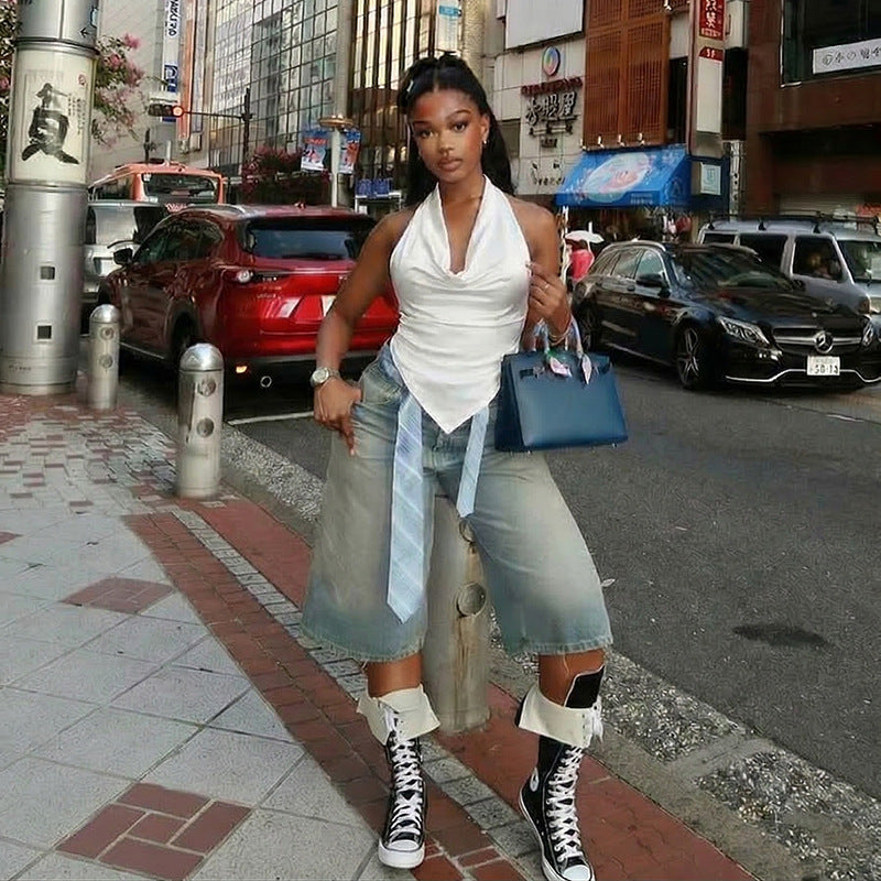 J26tp103 European and American Style Cross-Border Women's Clothing Spring and Summer Night Hanging Neck Draped Tie Knot Big Backless Oblique Swing Solid Color Top
