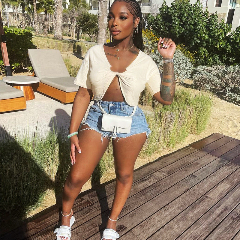 K23TP052 European and American women's clothing 2023 summer new solid color kink short sleeve T-shirt crop top foreign trade wholesale