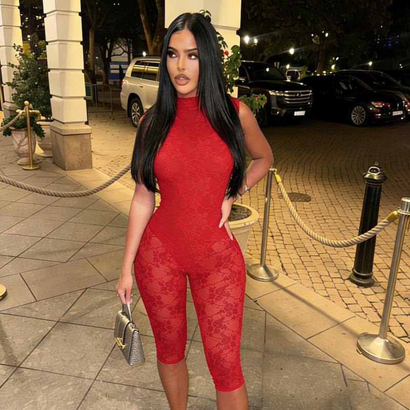 J26jp029 European and American Style Cross-Border Women's Clothing Spring and Summer Small round Neck Button Big Backless Lace Stitching Sleeveless Jumpsuit