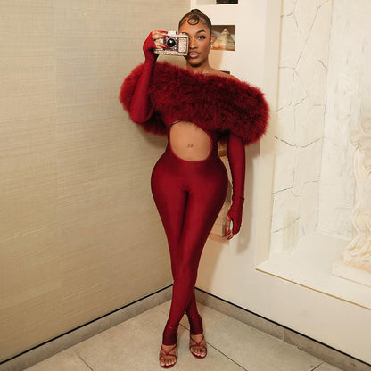 Q25Jp340 European and American Cross-Border Women's Autumn and Winter One-Line Collar Furry Off-Shoulder Splicing Cut Out Finger-Length Jumpsuit
