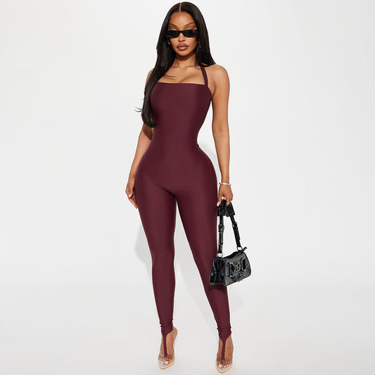 J25jp486 European and American Style Cross-Border Women's Clothing Spring and Summer Halter Strap Backless Solid Color Elastic Sheath Slip-on Jumpsuit