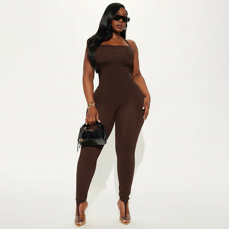 J25jp486 European and American Style Cross-Border Women's Clothing Spring and Summer Halter Strap Backless Solid Color Elastic Sheath Slip-on Jumpsuit