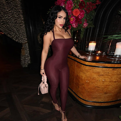 J25jp486 European and American Style Cross-Border Women's Clothing Spring and Summer Halter Strap Backless Solid Color Elastic Sheath Slip-on Jumpsuit