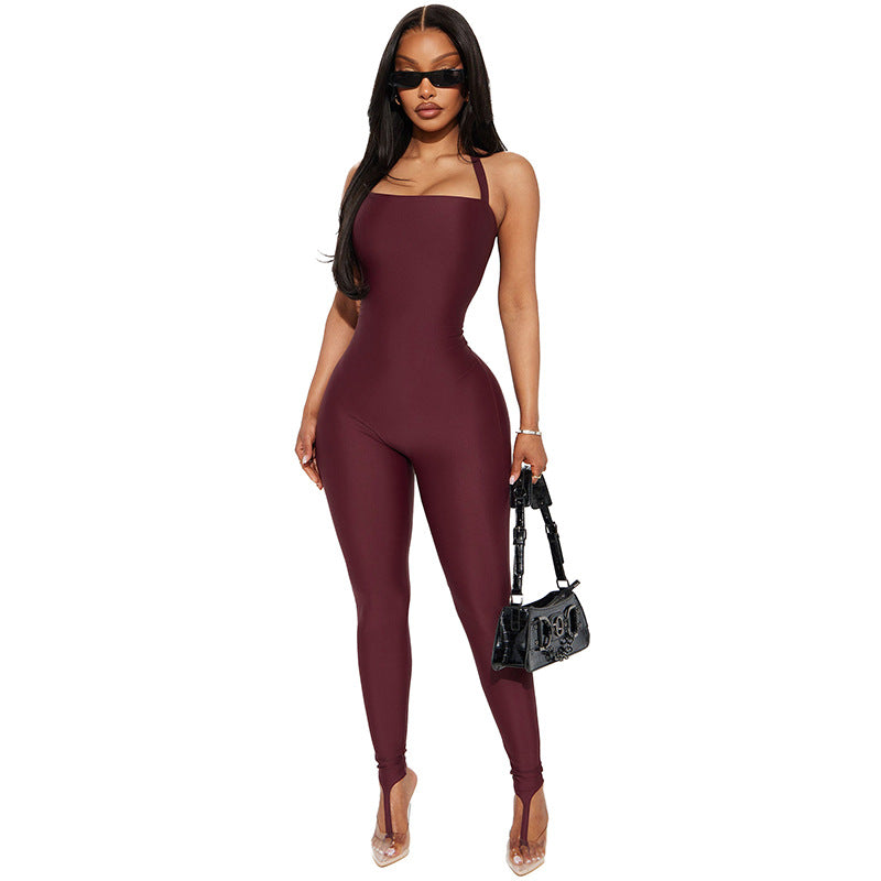 J25jp486 European and American Style Cross-Border Women's Clothing Spring and Summer Halter Strap Backless Solid Color Elastic Sheath Slip-on Jumpsuit