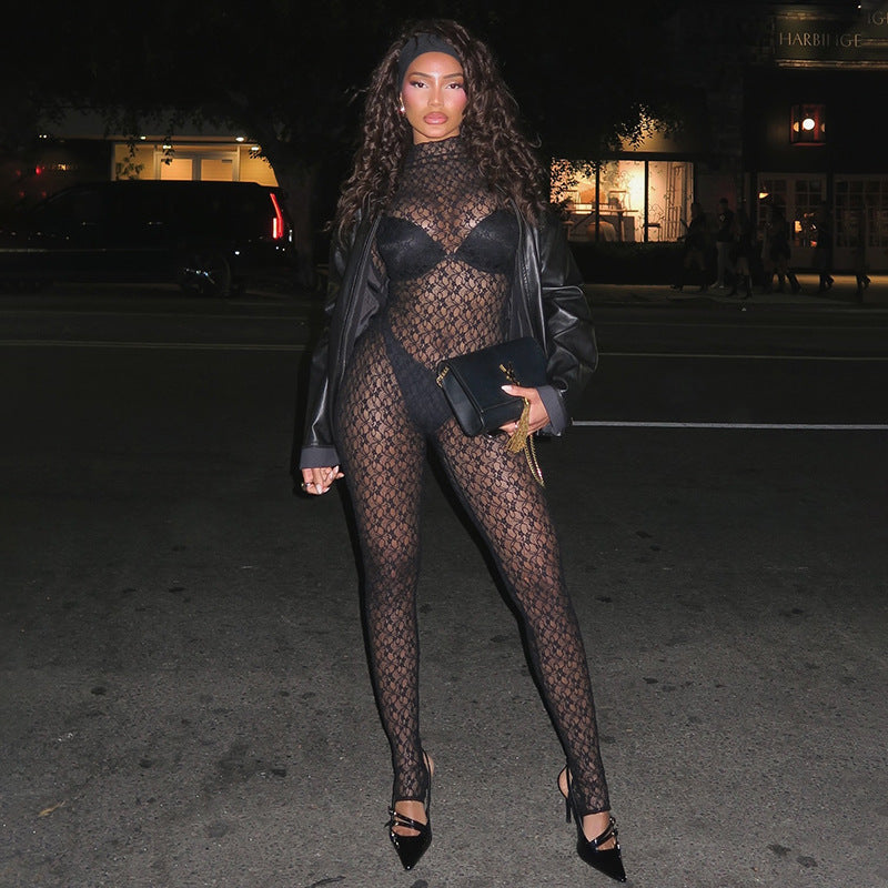 Y24JP659 European and American style cross-border autumn and winter women's high collar lace sexy hollow perspective net stockings zipper jumpsuit