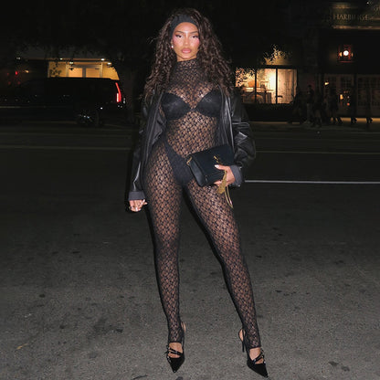 Y24JP659 European and American style cross-border autumn and winter women's high collar lace sexy hollow perspective net stockings zipper jumpsuit