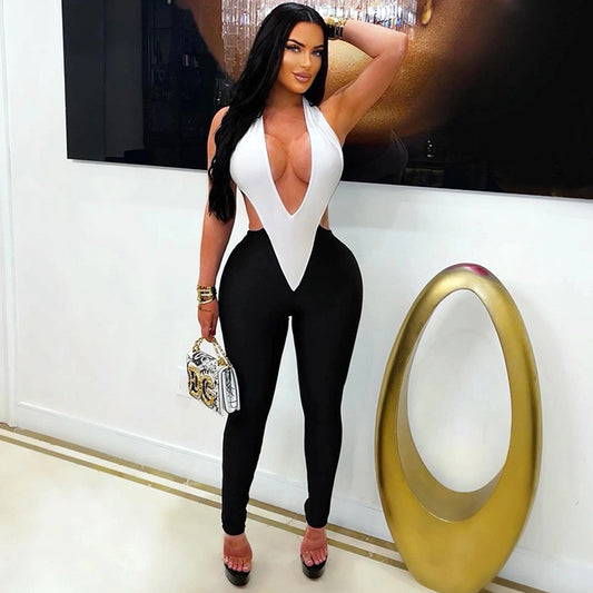 J26jp099 European and American Style Cross-Border Women's Clothing Spring and Summer Halter Strap Hollow Contrast Color Waist-Exposed Elastic Cropped Jumpsuit