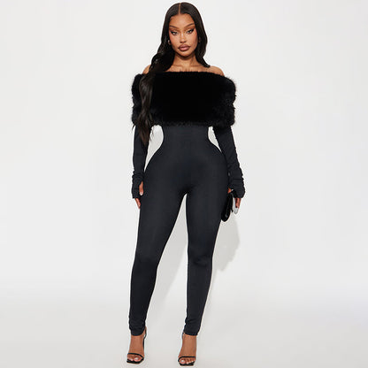 J25Jp405 European and American Cross-Border Women's Autumn and Winter One-Line Collar Off-Shoulder Fur Splicing Finger-Length Long-Sleeved Nine-Point Jumpsuit