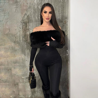 J25Jp405 European and American Cross-Border Women's Autumn and Winter One-Line Collar Off-Shoulder Fur Splicing Finger-Length Long-Sleeved Nine-Point Jumpsuit