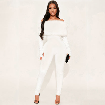 J25Jp405 European and American Cross-Border Women's Autumn and Winter One-Line Collar Off-Shoulder Fur Splicing Finger-Length Long-Sleeved Nine-Point Jumpsuit