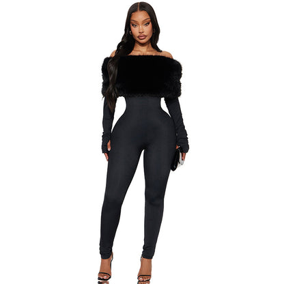 J25Jp405 European and American Cross-Border Women's Autumn and Winter One-Line Collar Off-Shoulder Fur Splicing Finger-Length Long-Sleeved Nine-Point Jumpsuit