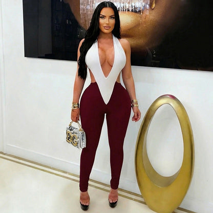 J26jp099 European and American Style Cross-Border Women's Clothing Spring and Summer Halter Strap Hollow Contrast Color Waist-Exposed Elastic Cropped Jumpsuit