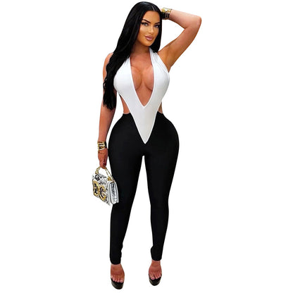 J26jp099 European and American Style Cross-Border Women's Clothing Spring and Summer Halter Strap Hollow Contrast Color Waist-Exposed Elastic Cropped Jumpsuit